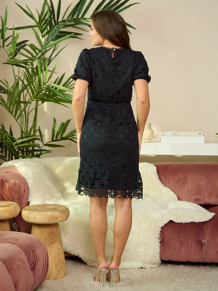 WOMEN'S SHORT PUFF SLEEVE SOLID LACE MIDI DRESS