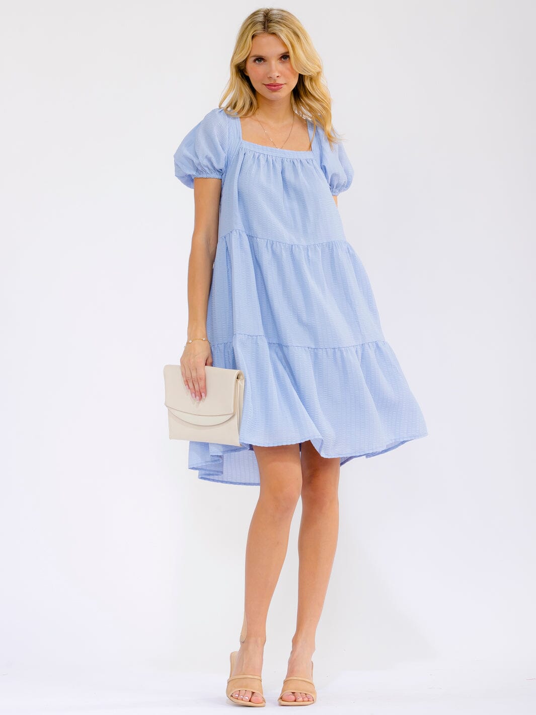 WOMEN'S SHORT SLEEVE SQUARE NECK FRONT POCKETS TIERED MINI DRESS