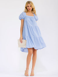 WOMEN'S SHORT SLEEVE SQUARE NECK FRONT POCKETS TIERED MINI DRESS