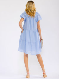 WOMEN'S SHORT SLEEVE SQUARE NECK FRONT POCKETS TIERED MINI DRESS