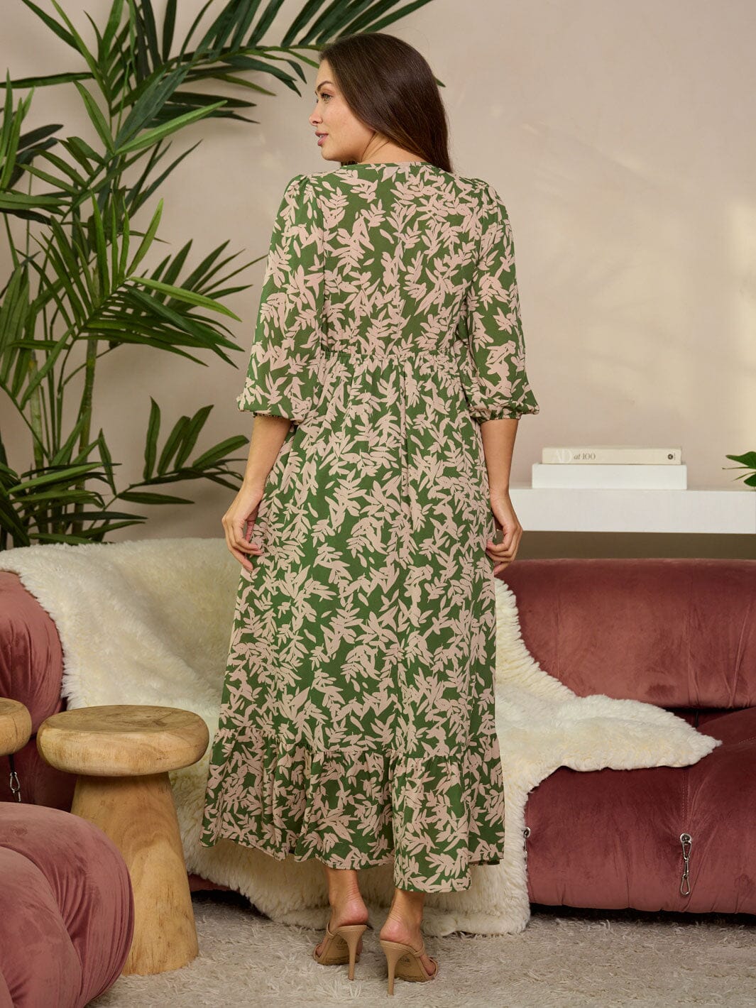 WOMEN'S 3/4 RUFFLE SLEEVE V-NECK SMOCK LEAF PRINT MAXI DRESS
