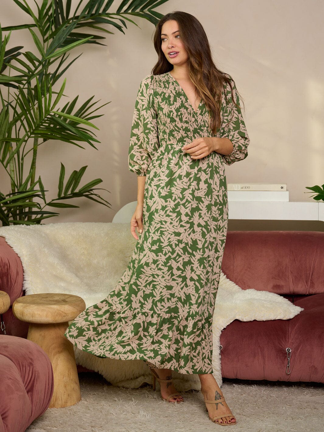 WOMEN'S 3/4 RUFFLE SLEEVE V-NECK SMOCK LEAF PRINT MAXI DRESS
