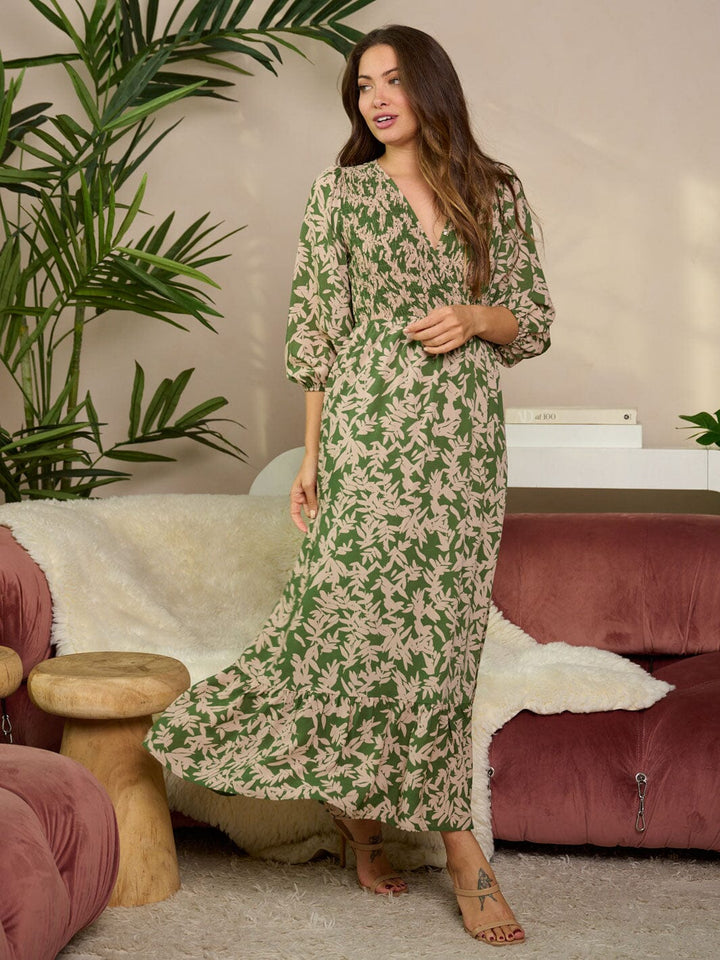 WOMEN'S 3/4 RUFFLE SLEEVE V-NECK SMOCK LEAF PRINT MAXI DRESS