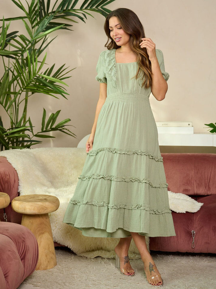 WOMEN'S SHORT SLEEVE SQUARE NECK TIERED POCKETS MAXI DRESS
