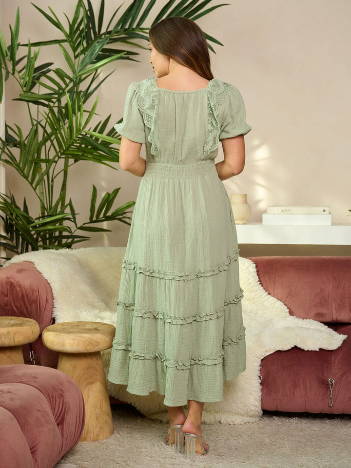 WOMEN'S SHORT SLEEVE SQUARE NECK TIERED POCKETS MAXI DRESS