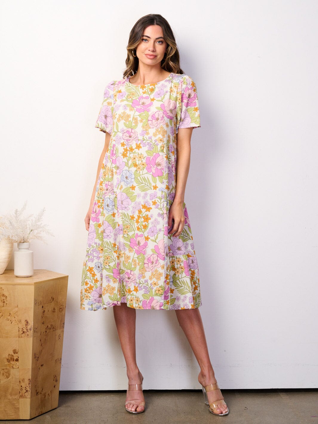 WOMEN'S SHORT SLEEVE TUNIC FLORAL MIDI DRESS
