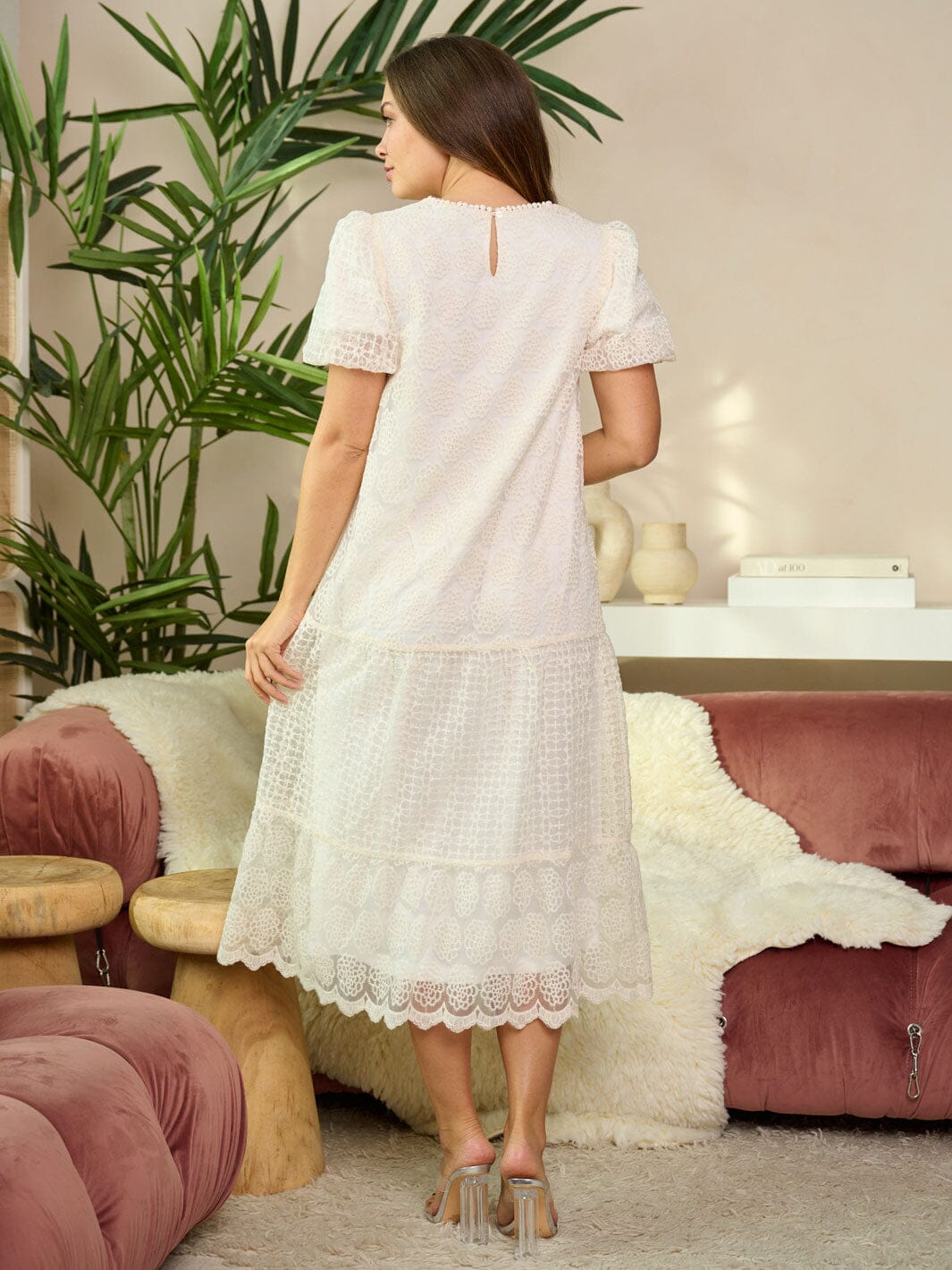 WOMEN'S SHORT SLEEVE TIERED LACE MIDI DRESS