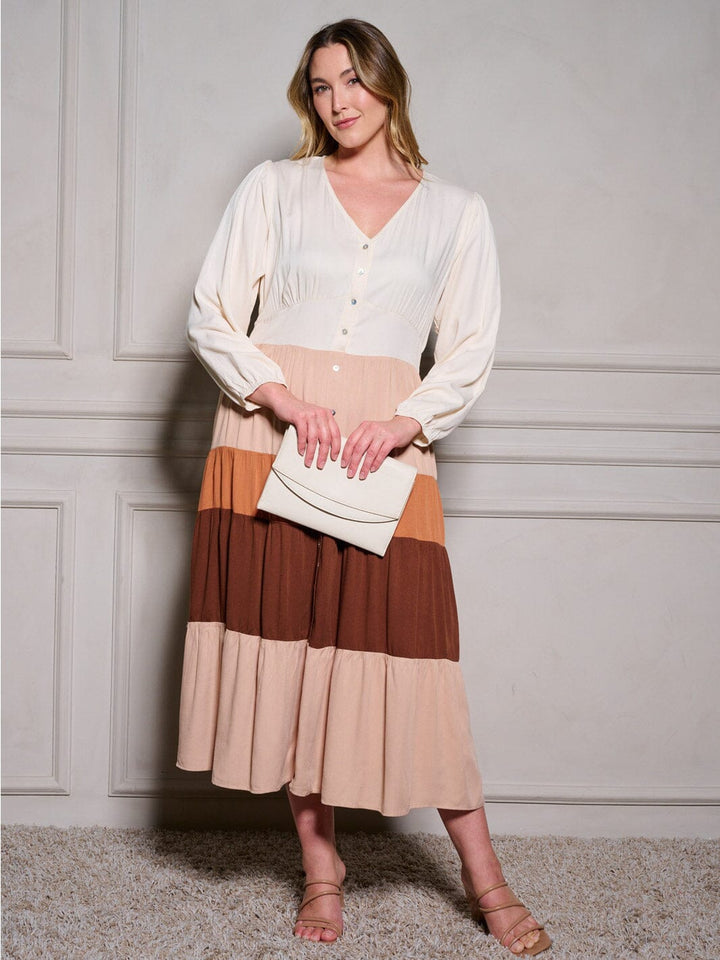 PLUS SIZE LONG SLEEVE BUTTON UP COLORBLOCK TIERED MAXI DRESS