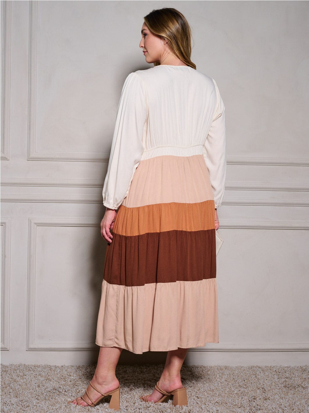 PLUS SIZE LONG SLEEVE BUTTON UP COLORBLOCK TIERED MAXI DRESS