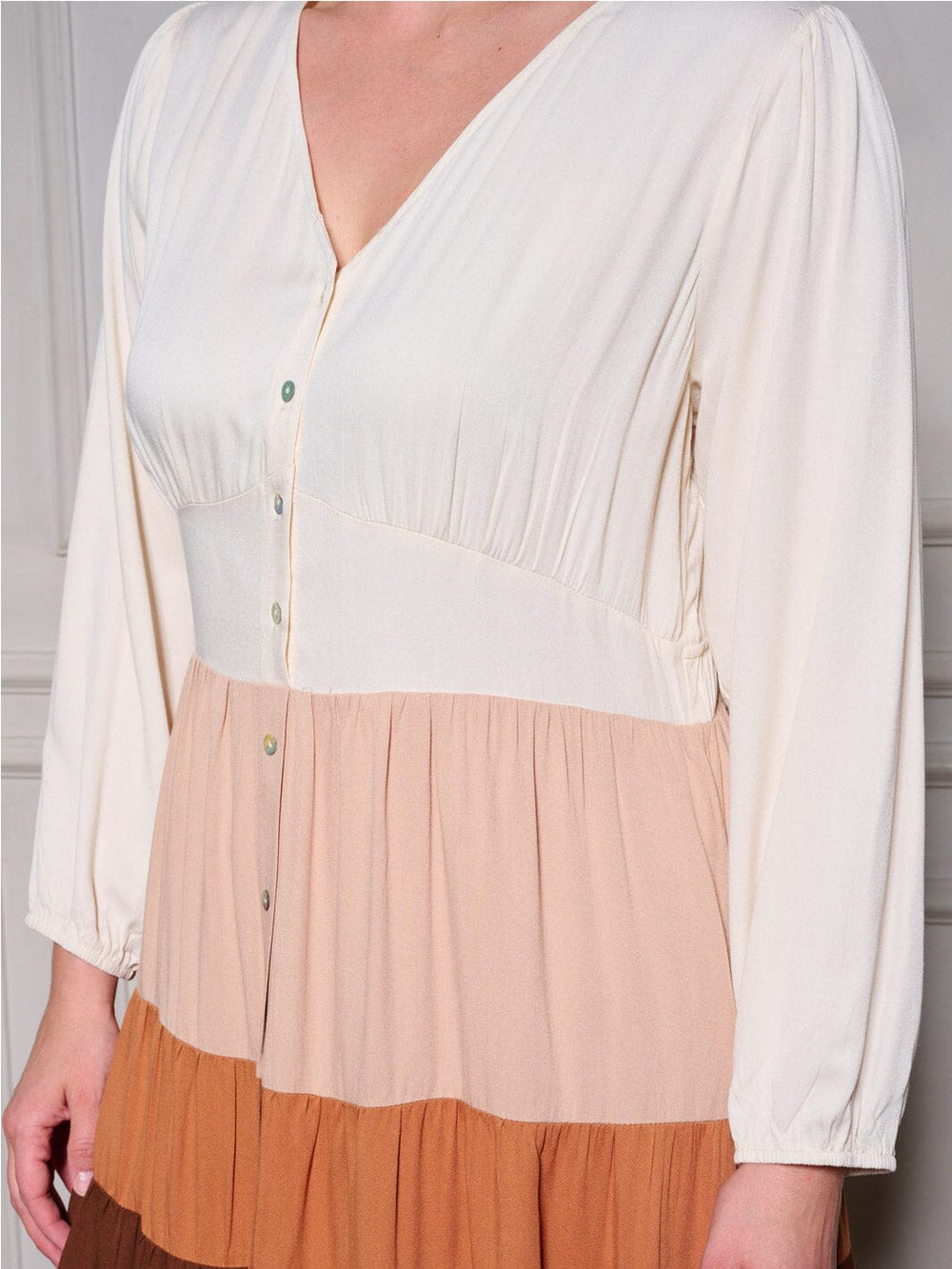 PLUS SIZE LONG SLEEVE BUTTON UP COLORBLOCK TIERED MAXI DRESS