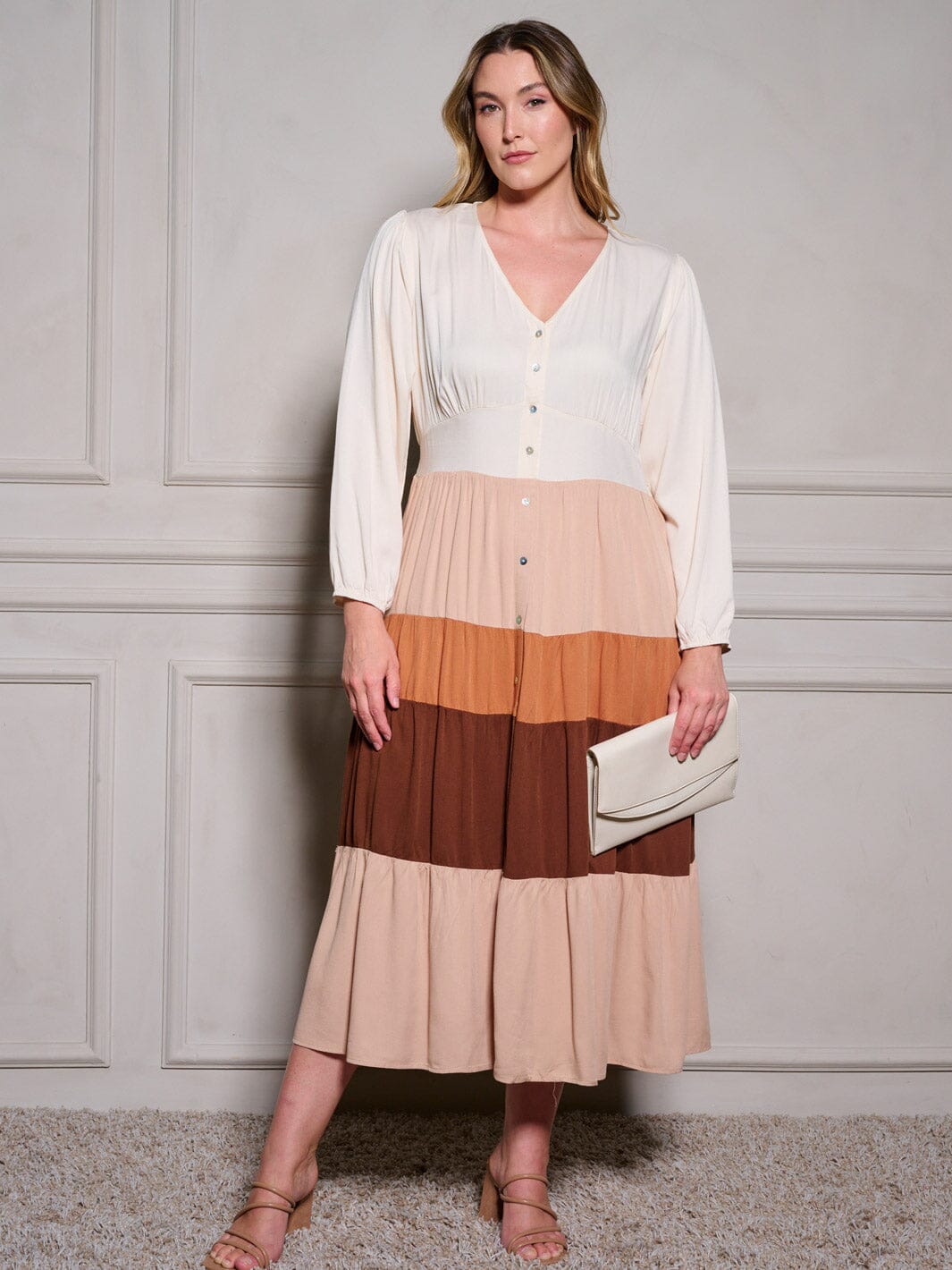 PLUS SIZE LONG SLEEVE BUTTON UP COLORBLOCK TIERED MAXI DRESS