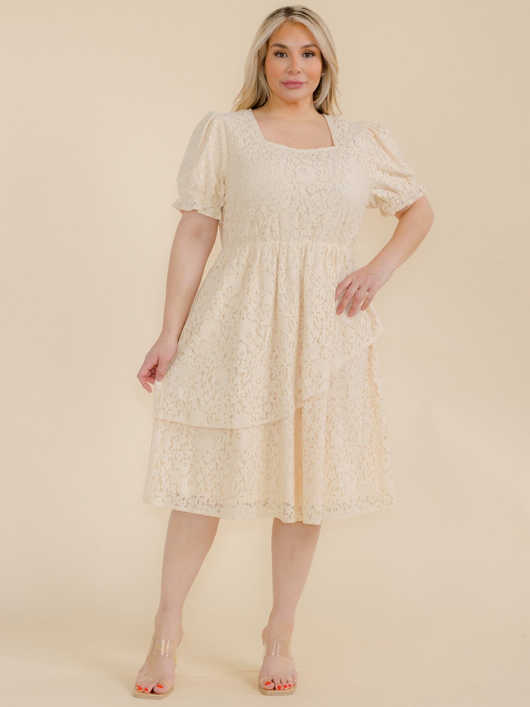 PLUS SIZE SHORT SLEEVE LACE FLORAL TIERED MIDI DRESS