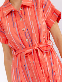 WOMEN'S SHORT SLEEVE BUTTON UP SELF TIE FRONT POCKETS MULTI MAXI DRESS