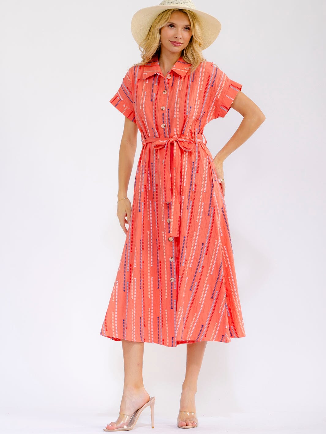 WOMEN'S SHORT SLEEVE BUTTON UP SELF TIE FRONT POCKETS MULTI MAXI DRESS