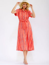 WOMEN'S SHORT SLEEVE BUTTON UP SELF TIE FRONT POCKETS MULTI MAXI DRESS