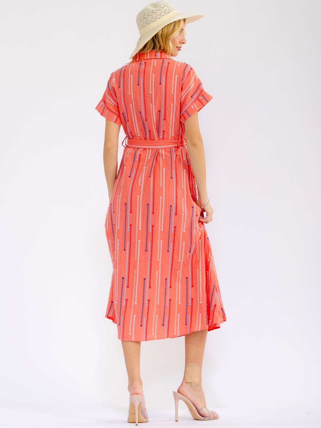 WOMEN'S SHORT SLEEVE BUTTON UP SELF TIE FRONT POCKETS MULTI MAXI DRESS