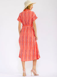 WOMEN'S SHORT SLEEVE BUTTON UP SELF TIE FRONT POCKETS MULTI MAXI DRESS