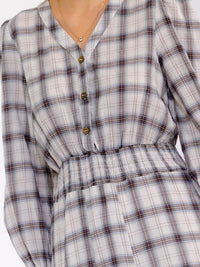 WOMEN'S LONG SLEEVE V-NECK BUTTON ELASTIC WAIST FRONT POCKETS PLAID MAXI DRESS
