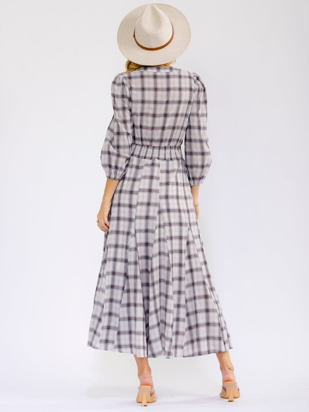 WOMEN'S LONG SLEEVE V-NECK BUTTON ELASTIC WAIST FRONT POCKETS PLAID MAXI DRESS