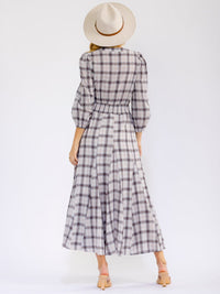WOMEN'S LONG SLEEVE V-NECK BUTTON ELASTIC WAIST FRONT POCKETS PLAID MAXI DRESS