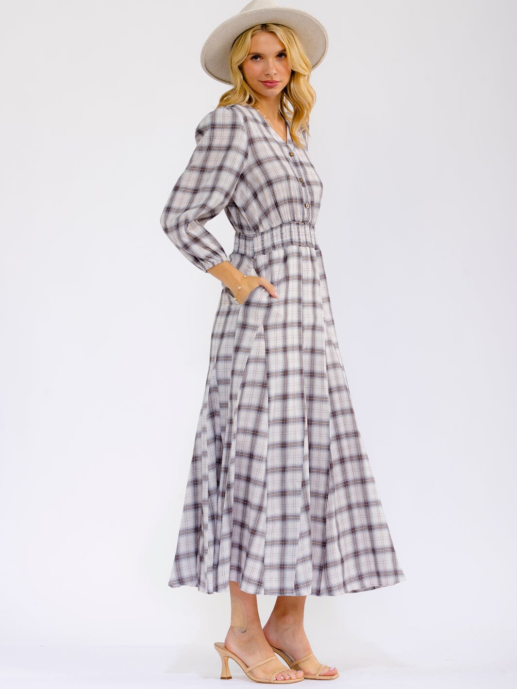 WOMEN'S LONG SLEEVE V-NECK BUTTON ELASTIC WAIST FRONT POCKETS PLAID MAXI DRESS