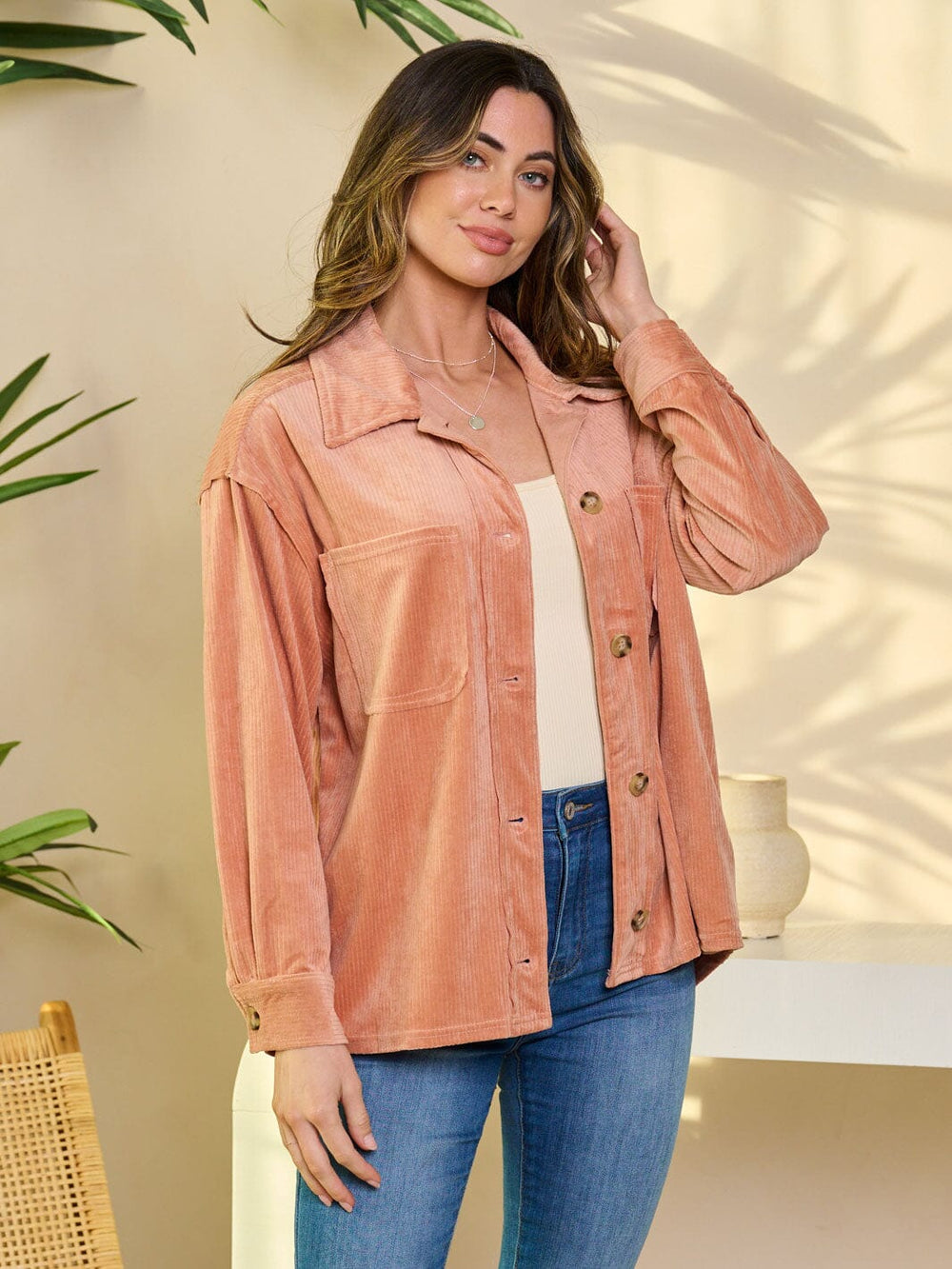 WOMEN'S LONG SLEEVE BUTTON UP CORDUROY BLOUSE TOP
