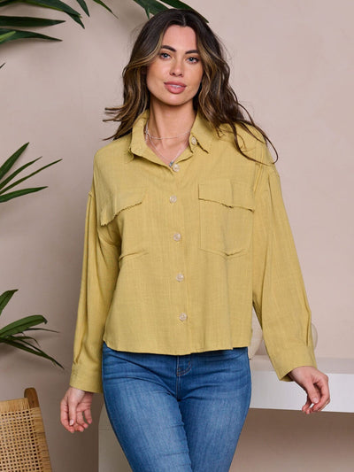 WOMEN'S LONG SLEEVE FRONT POCKETS BUTTON UP BLOUSE TOP
