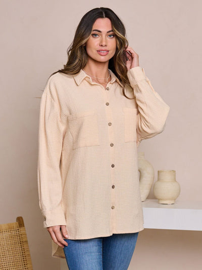 WOMEN'S LONG SLEEVE BUTTON UP WAFFLE BLOUSE TOP