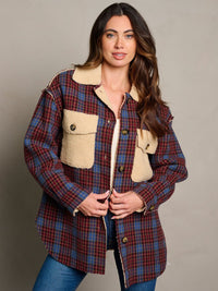 WOMEN'S LONG SLEEVE BUTTON CLOSURE SHERPA PLAID JACKET