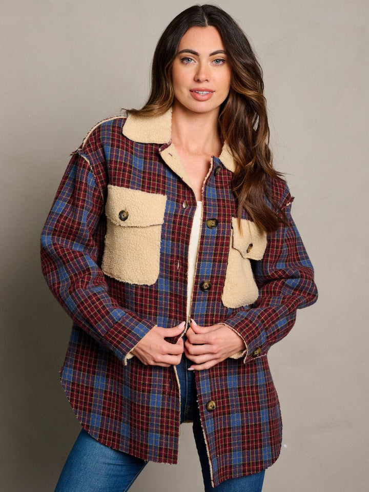 WOMEN'S LONG SLEEVE BUTTON CLOSURE SHERPA PLAID JACKET