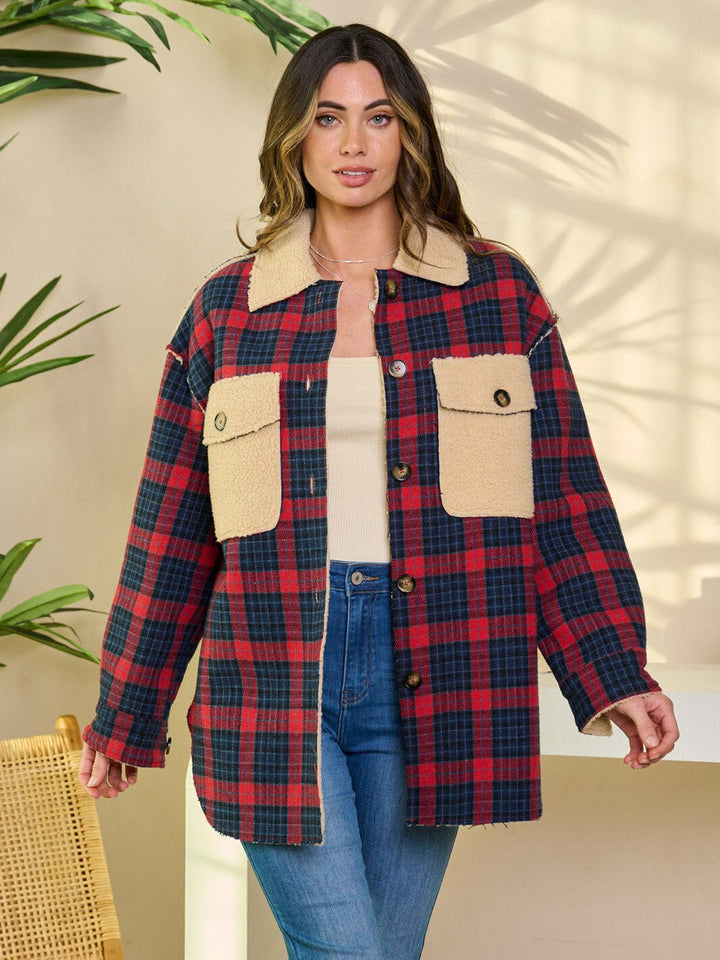 WOMEN'S LONG SLEEVE BUTTON CLOSURE SHERPA PLAID JACKET