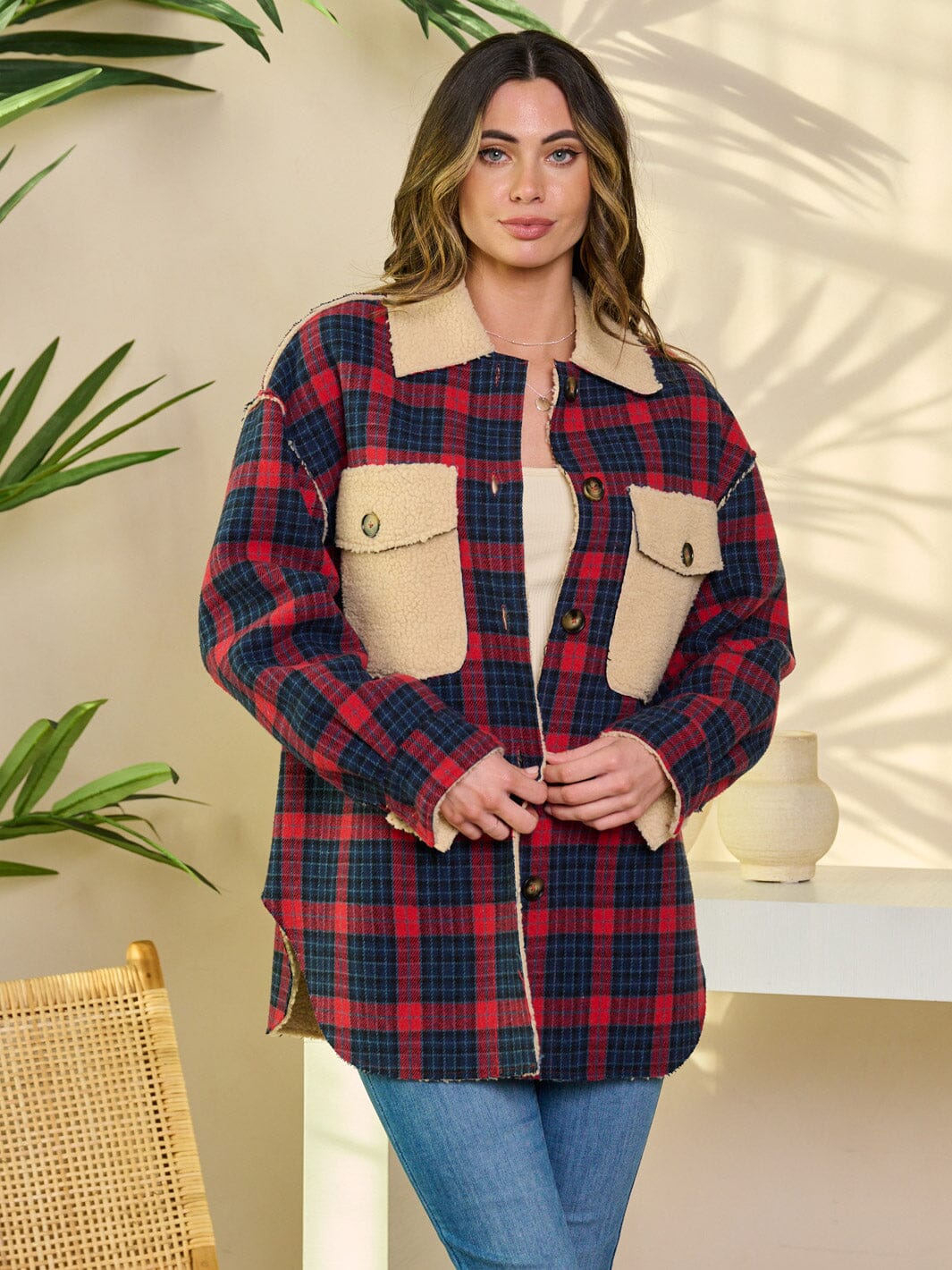 WOMEN'S LONG SLEEVE BUTTON CLOSURE SHERPA PLAID JACKET