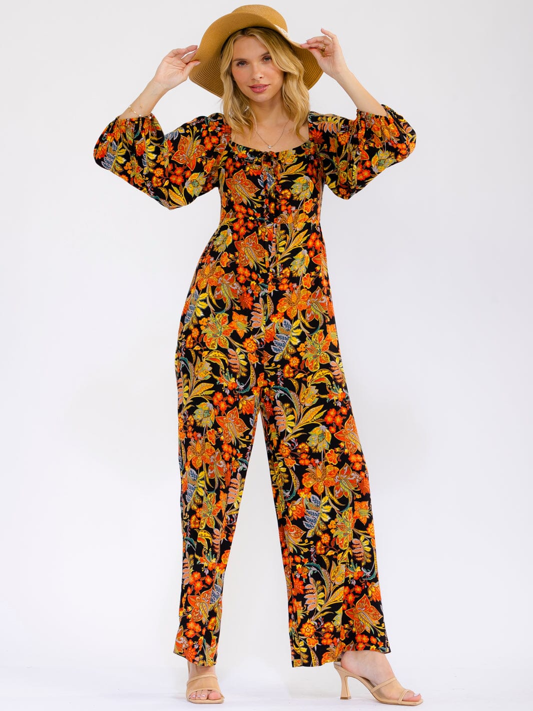 WOMEN'S LONG SLEEVE SQUARE NECK BUTTON UP WIDE LEG FLORAL JUMPSUIT