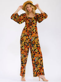 WOMEN'S LONG SLEEVE SQUARE NECK BUTTON UP WIDE LEG FLORAL JUMPSUIT