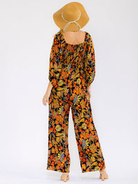 WOMEN'S LONG SLEEVE SQUARE NECK BUTTON UP WIDE LEG FLORAL JUMPSUIT