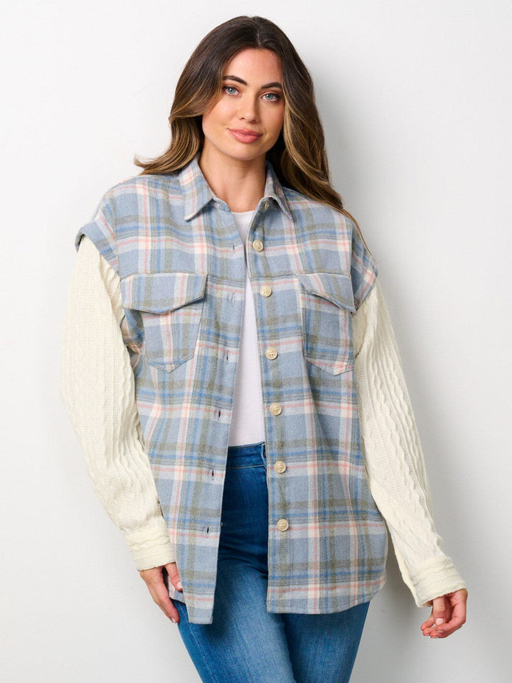 WOMEN'S LONG SLEEVE COLORBLOCK BUTTON UP PLAID JACKET