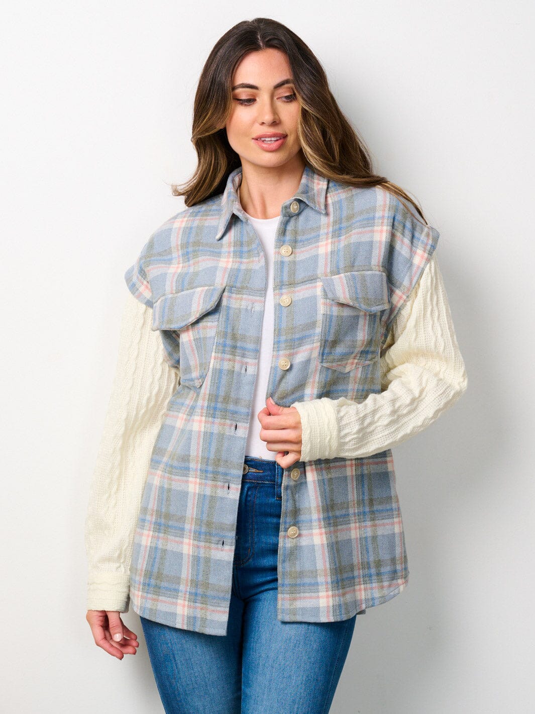 WOMEN'S LONG SLEEVE COLORBLOCK BUTTON UP PLAID JACKET