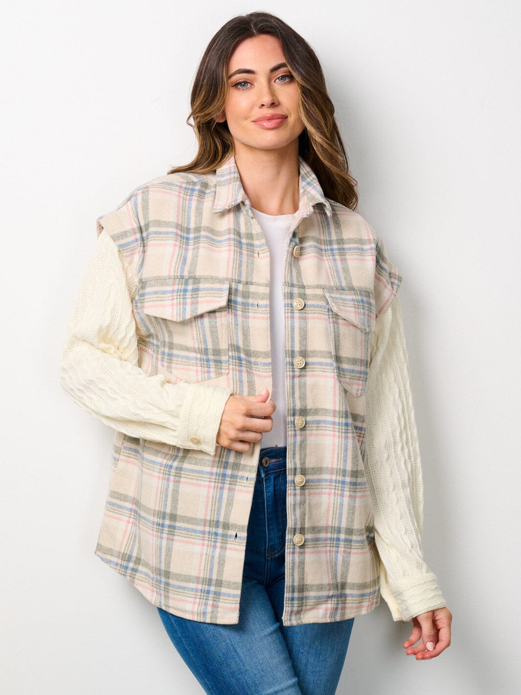 WOMEN'S LONG SLEEVE COLORBLOCK BUTTON UP PLAID JACKET