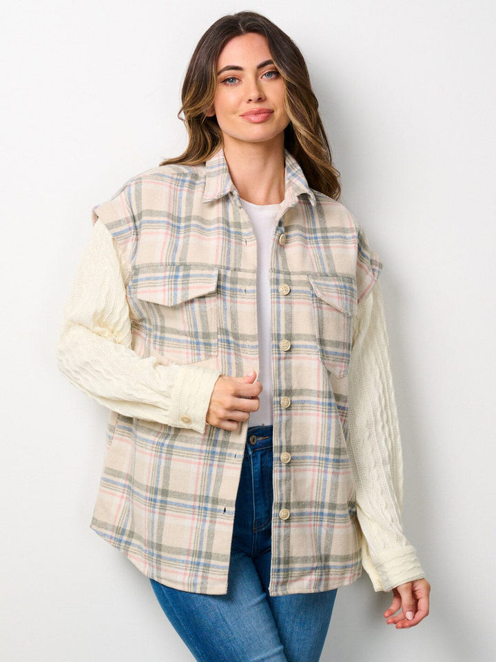 WOMEN'S LONG SLEEVE COLORBLOCK BUTTON UP PLAID JACKET