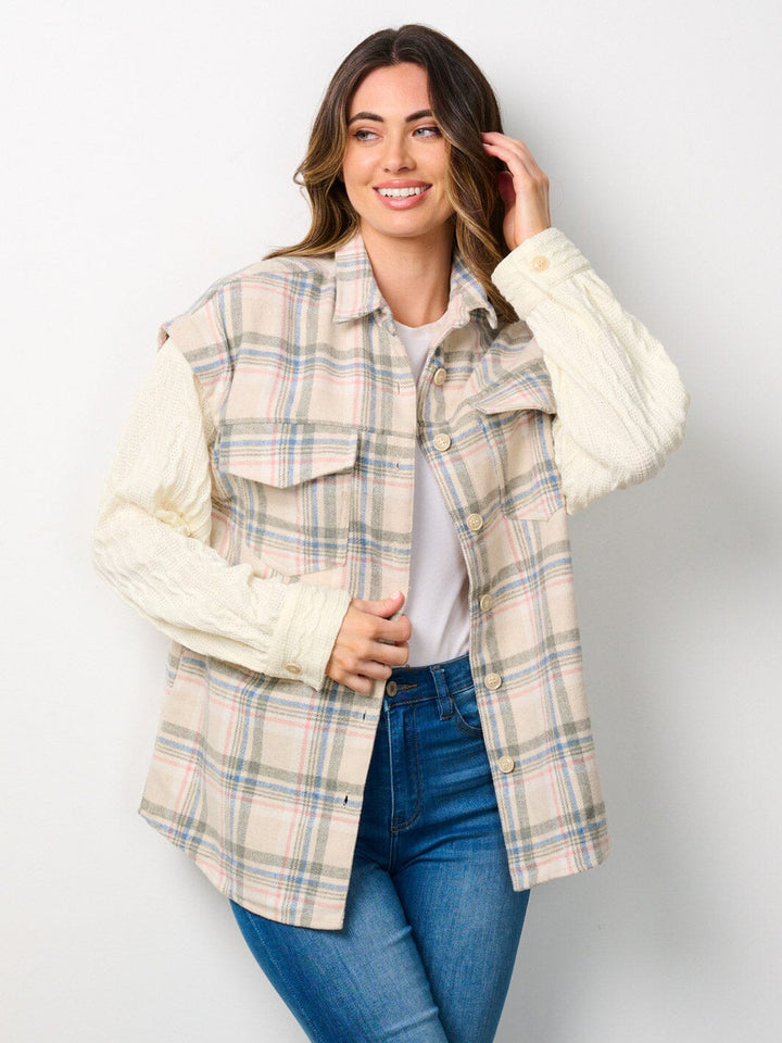 WOMEN'S LONG SLEEVE COLORBLOCK BUTTON UP PLAID JACKET
