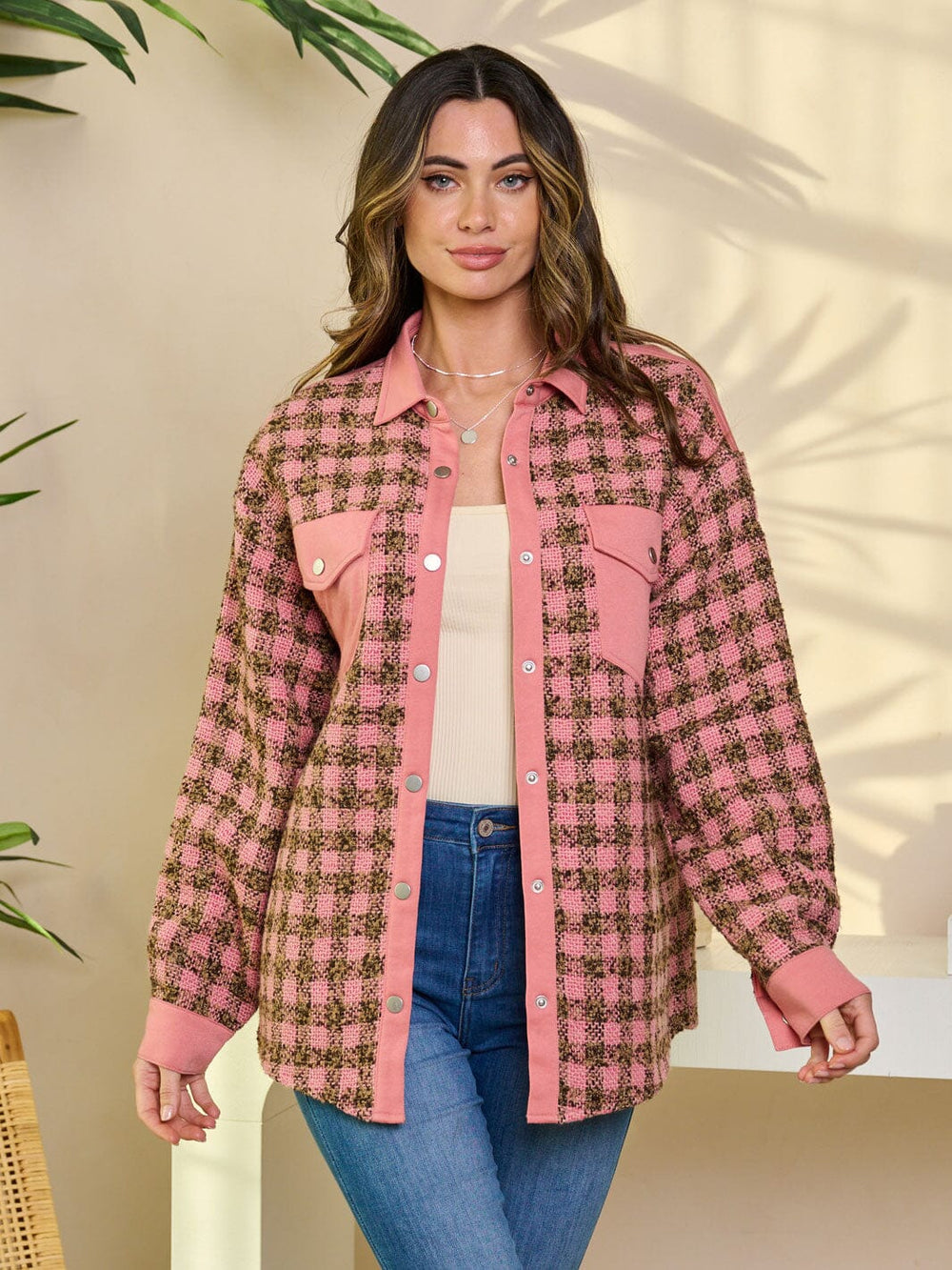 WOMEN'S LONG SLEEVE BUTTON CLOSURE COLORBLOCK PLAID JACKET