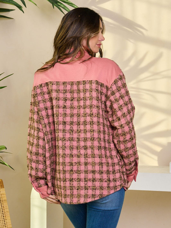 WOMEN'S LONG SLEEVE BUTTON CLOSURE COLORBLOCK PLAID JACKET
