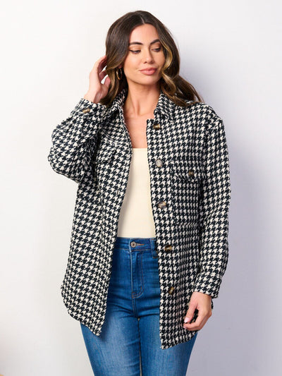 WOMEN'S LONG SLEEVE BUTTON UP POCKETS CHECKERS PRINT JACKET