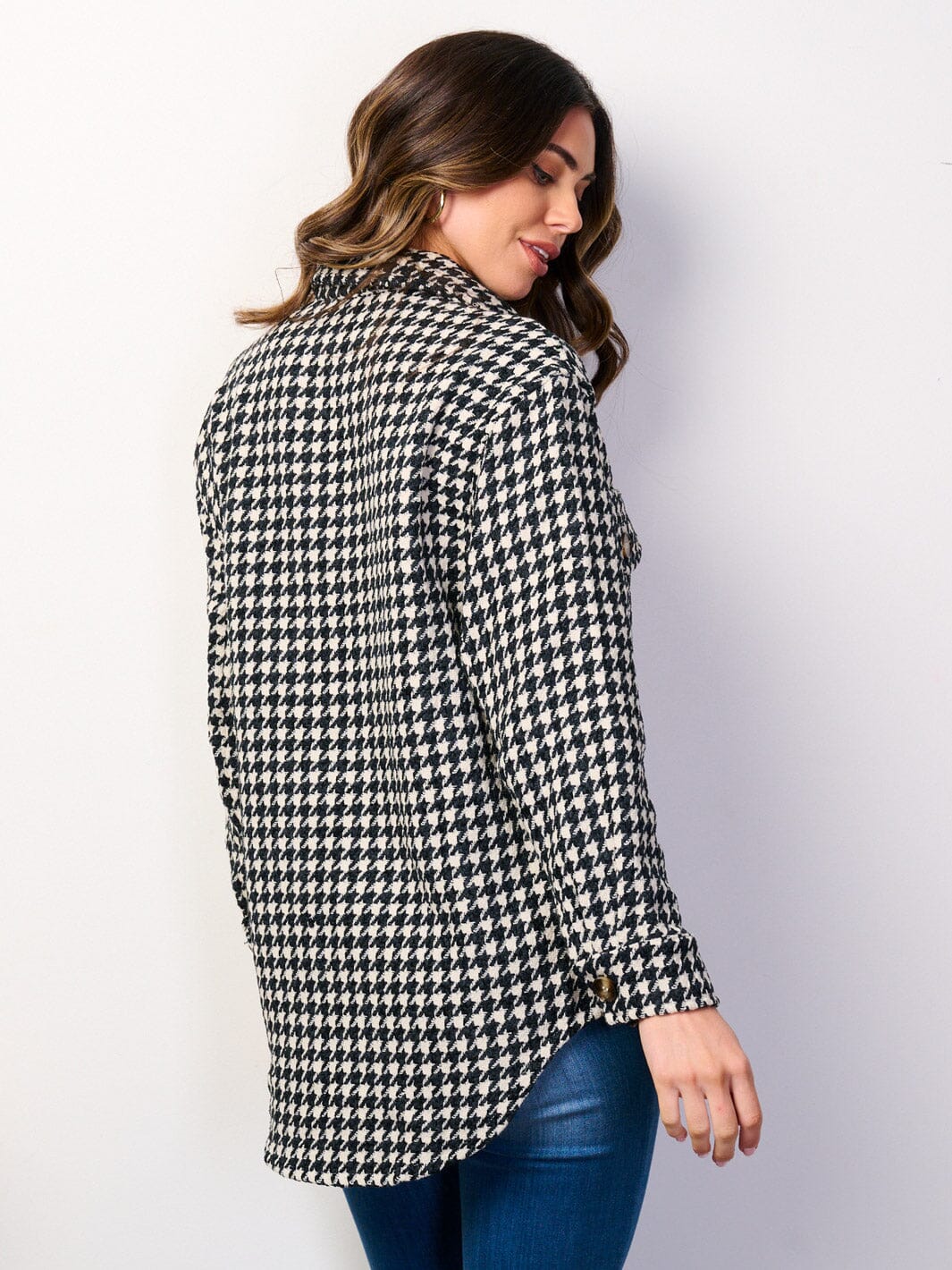 WOMEN'S LONG SLEEVE BUTTON UP POCKETS CHECKERS PRINT JACKET