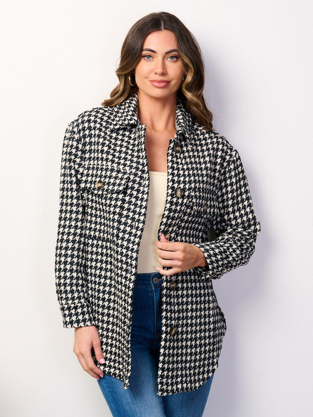 WOMEN'S LONG SLEEVE BUTTON UP POCKETS CHECKERS PRINT JACKET