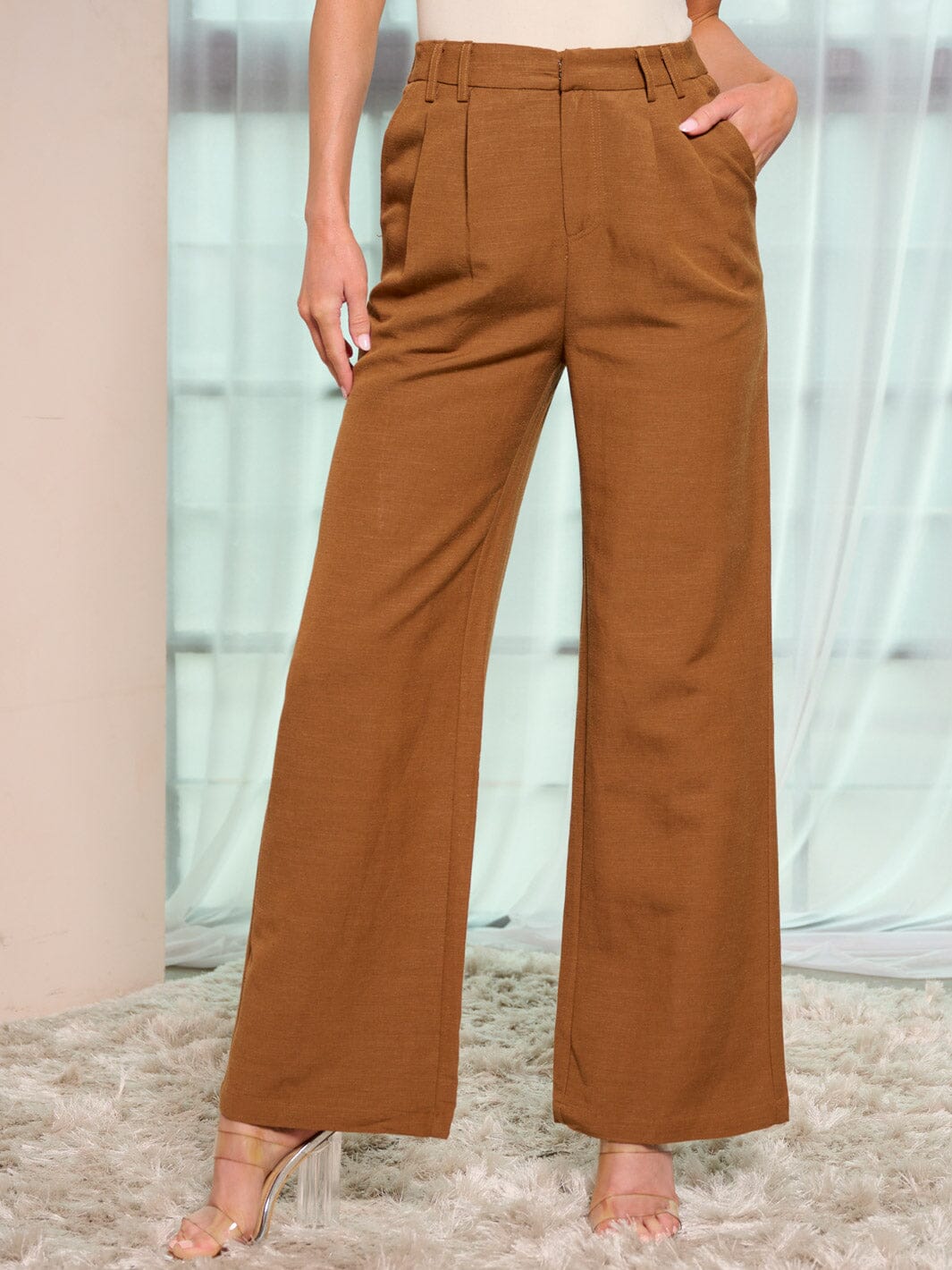 WOMEN'S BUTTON CLOSURE POCKETS WIDE LEG PANTS