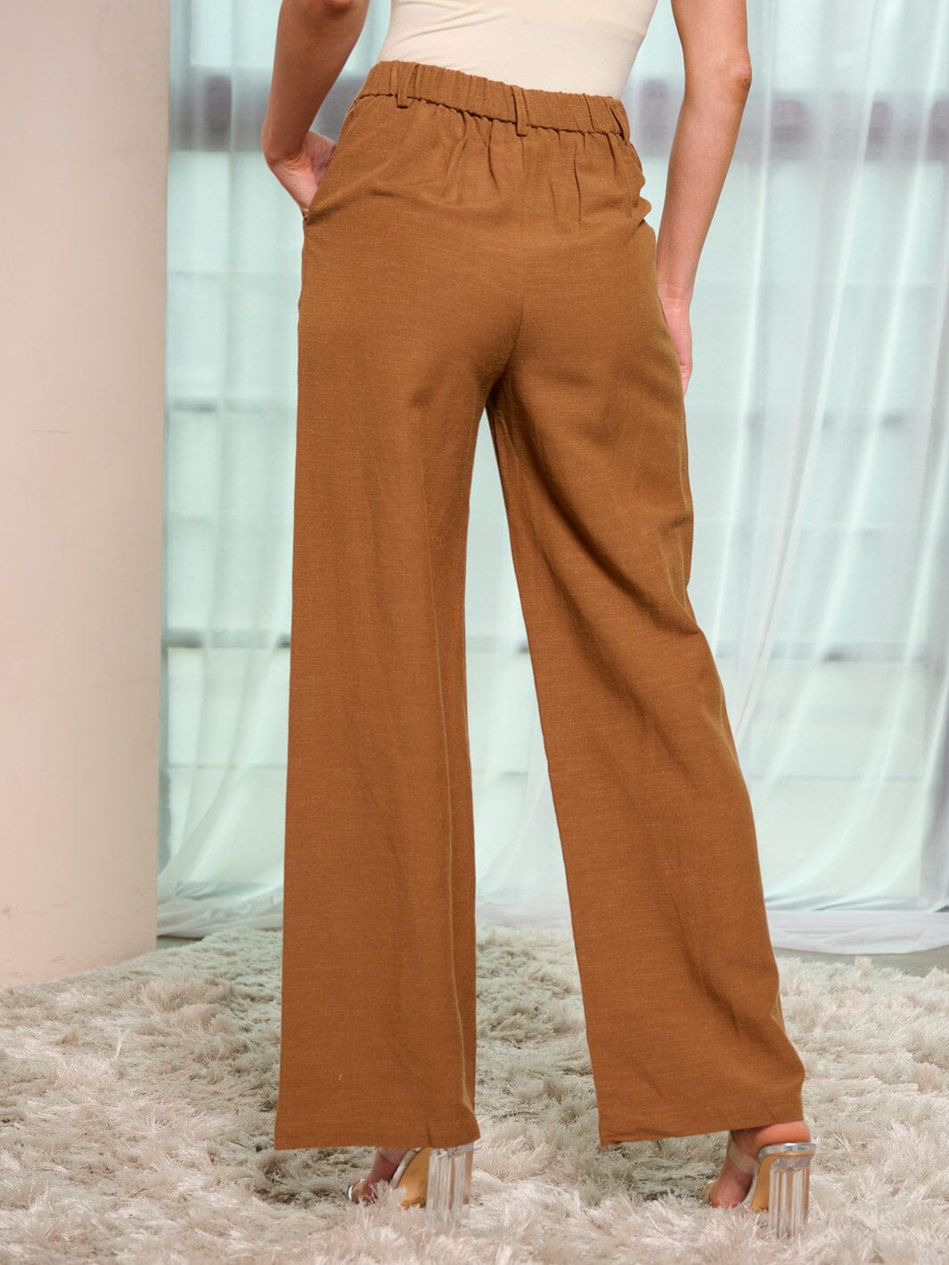 WOMEN'S BUTTON CLOSURE POCKETS WIDE LEG PANTS