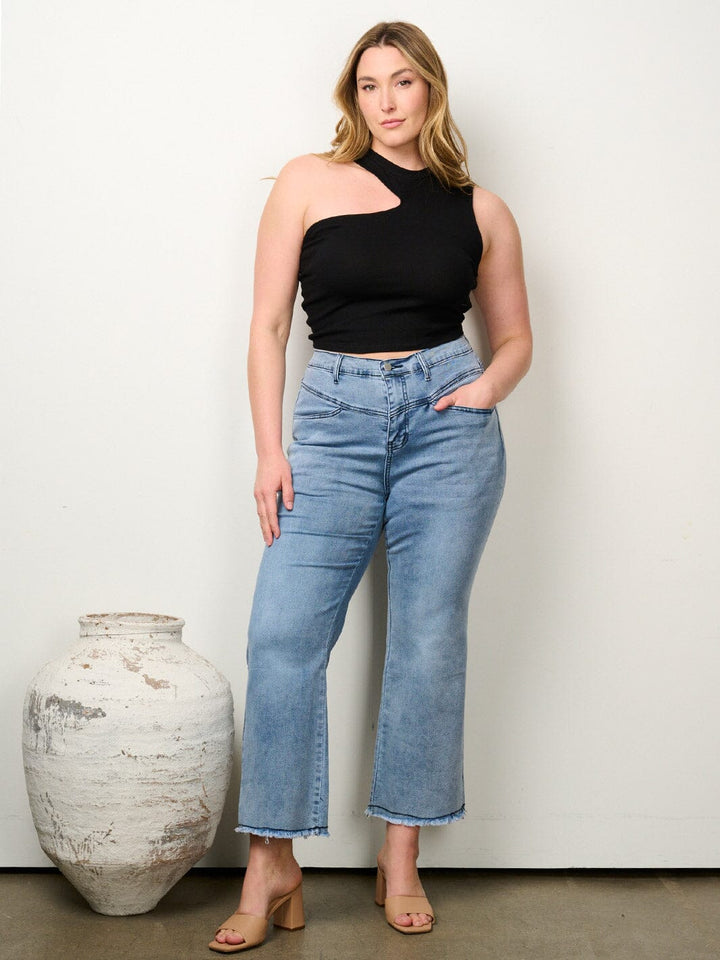 PLUS SIZE BUTTON CLOSURE WIDE LEG DENIM PANTS