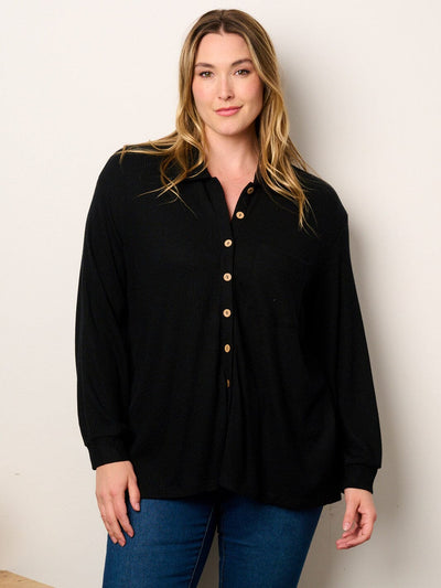 PLUS SIZE LONG SLEEVE BUTTON UP FRONT POCKETS RIBBED BLOUSE TOP