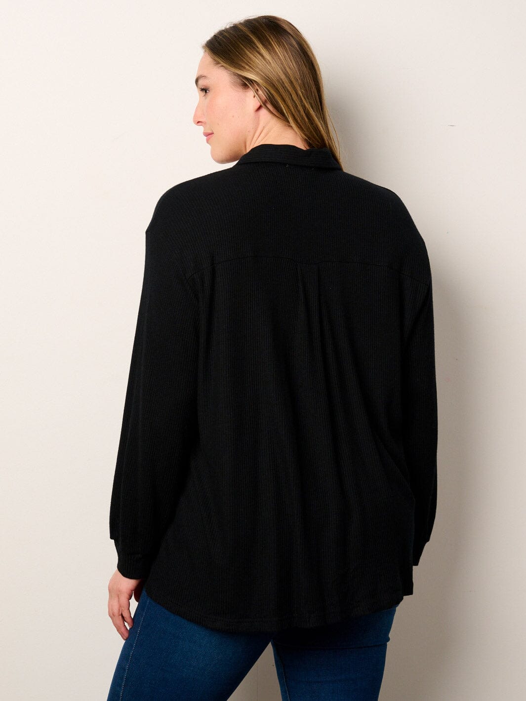 PLUS SIZE LONG SLEEVE BUTTON UP FRONT POCKETS RIBBED BLOUSE TOP